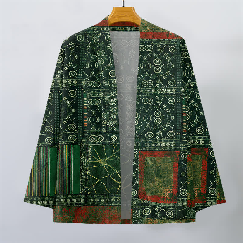 Buddha Stones Cotton Tribal Geometric Patchwork Pattern Open Front Men's Kimono - image 7