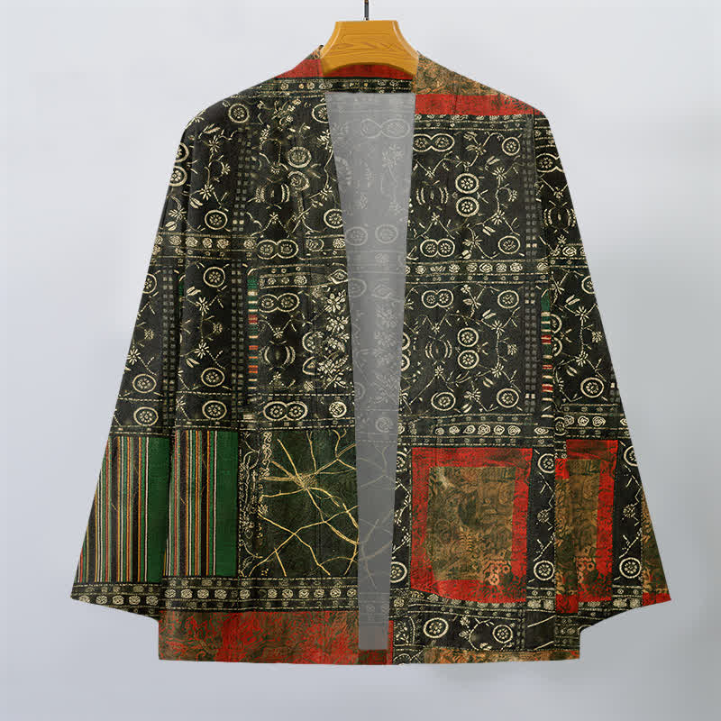 Buddha Stones Cotton Tribal Geometric Patchwork Pattern Open Front Men's Kimono - image 10