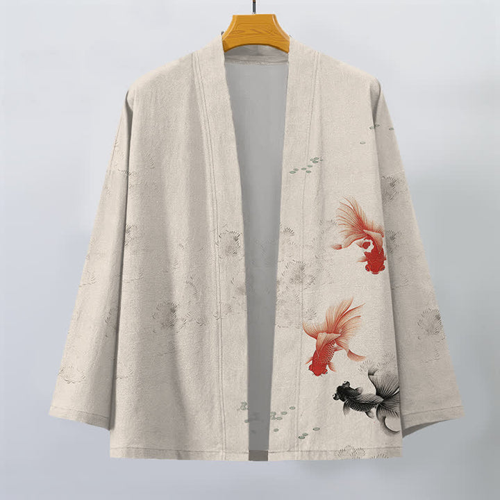 Buddha Stones Cotton Koi Fish Flowing Waves Pattern Open Front Men's Kimono - image 1