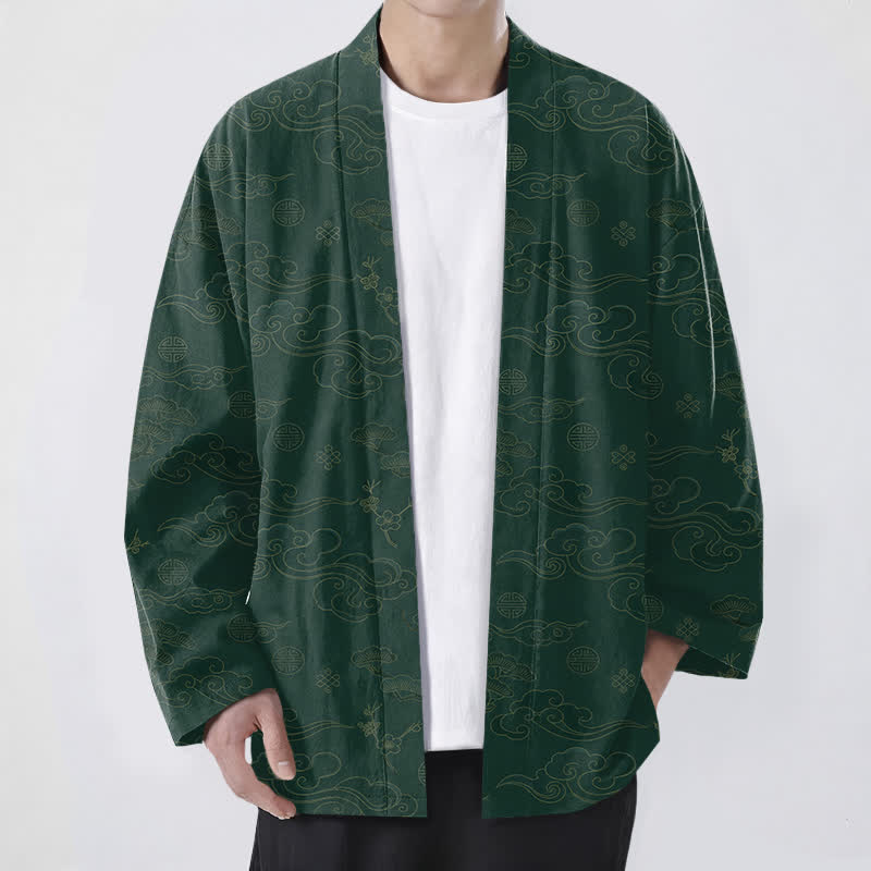 Buddha Stones Cotton Auspicious Clouds Pattern Open Front Men's Kimono - ForestGreen - US/UK/AU48，EU58 (4XL) - image 9