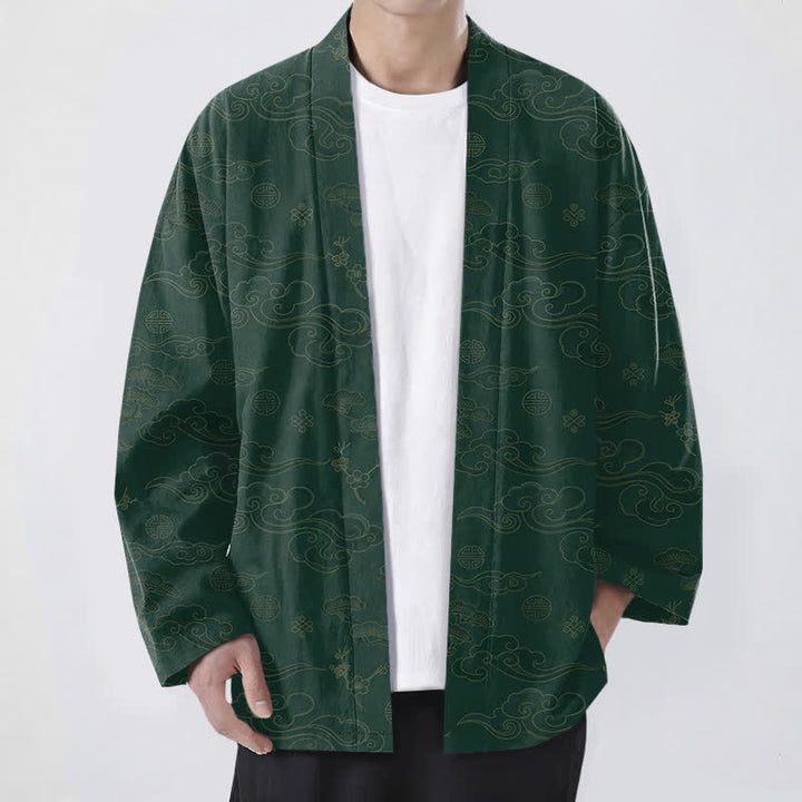 Buddha Stones Cotton Auspicious Clouds Pattern Open Front Men's Kimono - ForestGreen - US/UK/AU48，EU58 (4XL) - image 9