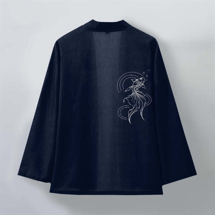 Buddha Stones Cotton White Koi Fish Wave Pattern Open Front Men's Kimono - image 2