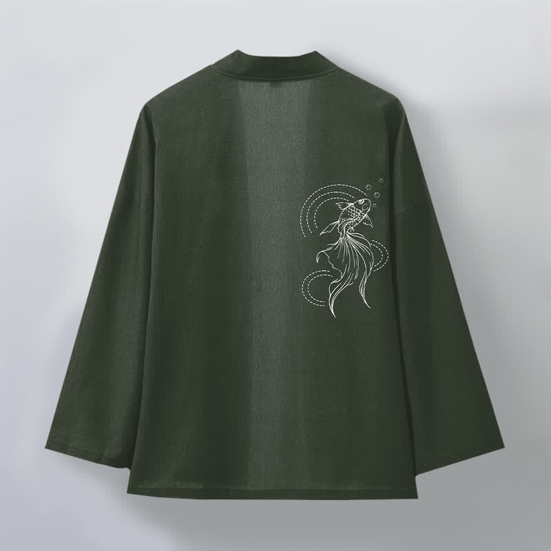 Buddha Stones Cotton White Koi Fish Wave Pattern Open Front Men's Kimono - image 8