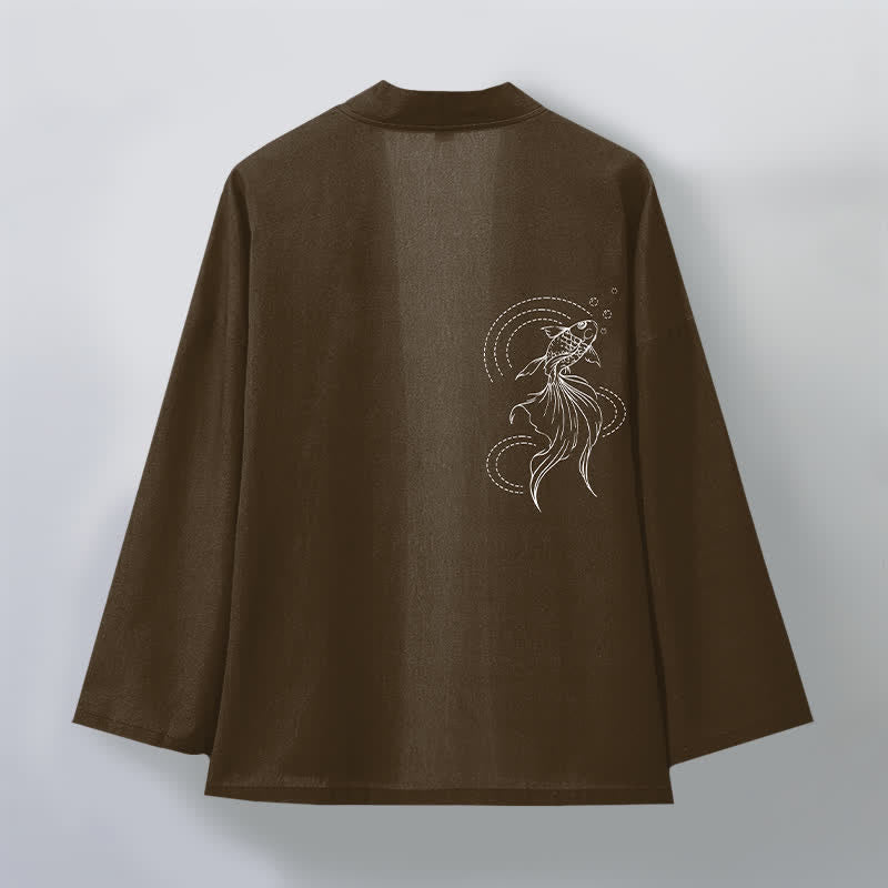 Buddha Stones Cotton White Koi Fish Wave Pattern Open Front Men's Kimono - image 11