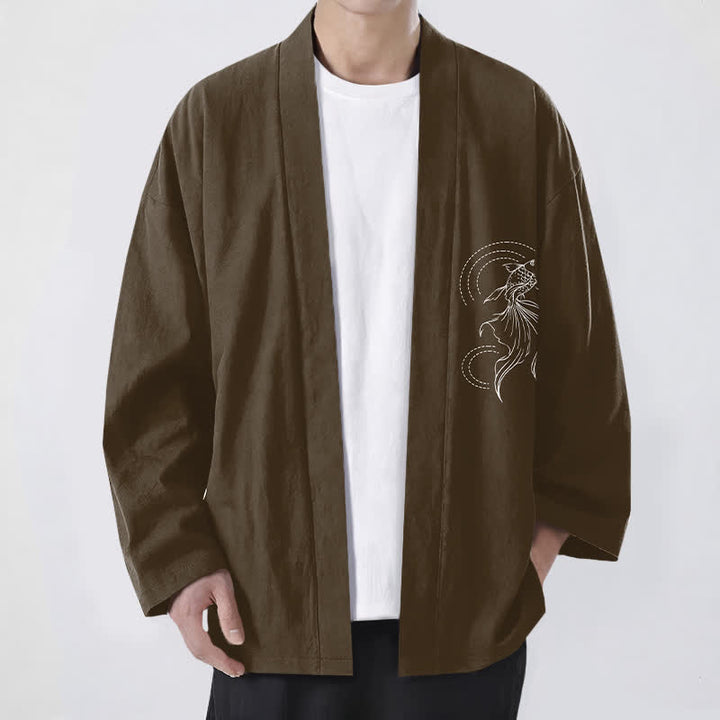 Buddha Stones Cotton White Koi Fish Wave Pattern Open Front Men's Kimono - SaddleBrown - US/UK/AU48，EU58 (4XL) - image 9