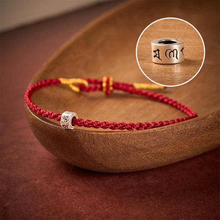 Buddha Stones Black Red String 925 Sterling Silver Om Mani Padme Hum Luck Minimalist Bracelet - Dark Red String - 5.5–6.3 in (14–16 cm) - image 0