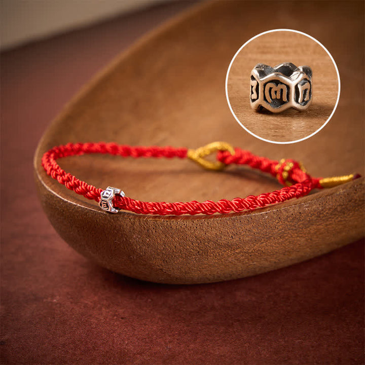 Buddha Stones Black Red String 925 Sterling Silver Om Mani Padme Hum Wheel Bead Luck Bracelet - Red String - 5.5–6.3 in (14–16 cm) - image 0