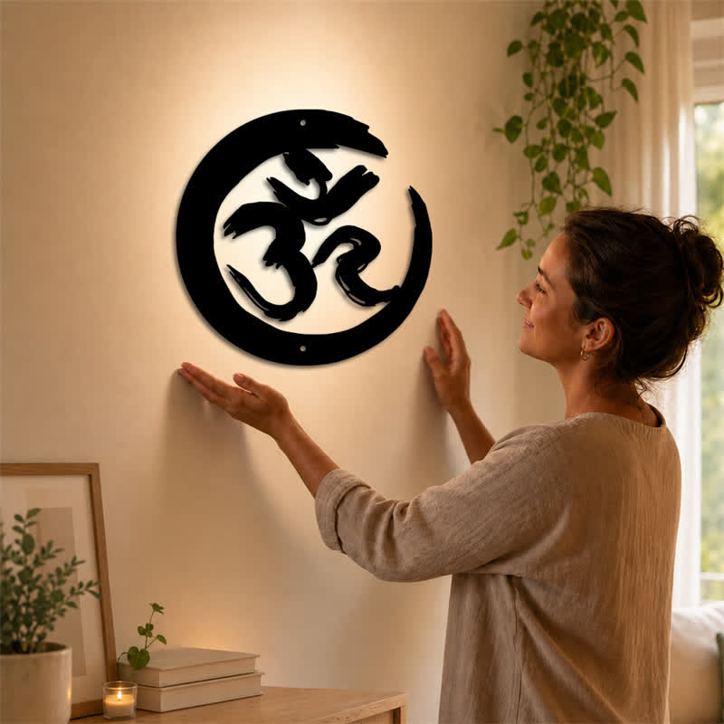 Buddha Stones Black OM Circle Mindfulness Iron Metal Meaningful Symbols Wall Art - image 1