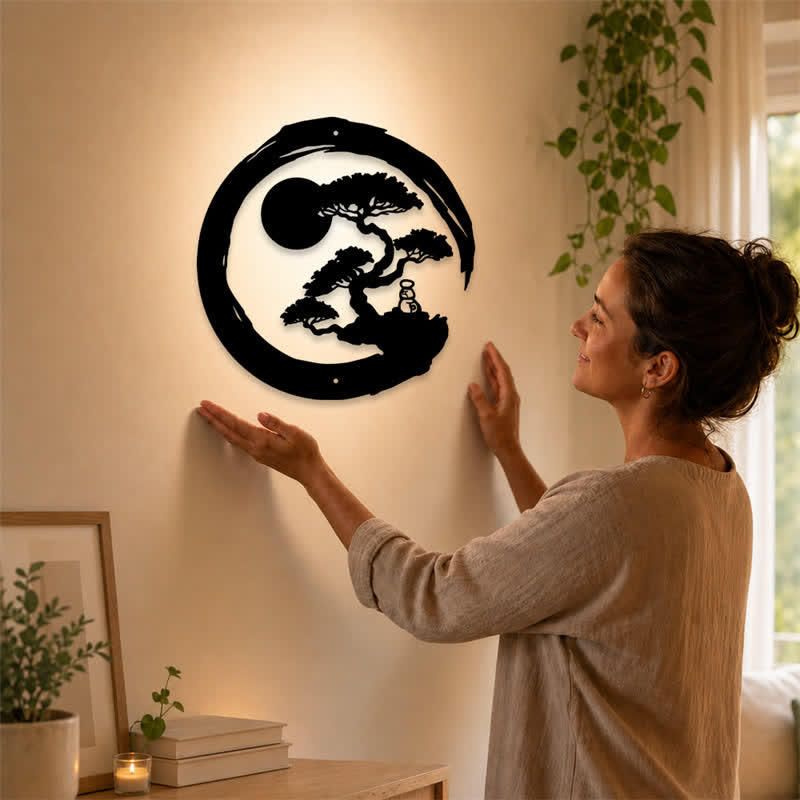 Buddha Stones Metal Zen Circle Pine Enlightenment Bonsai Iron Meaningful Symbols Wall Art - image 1