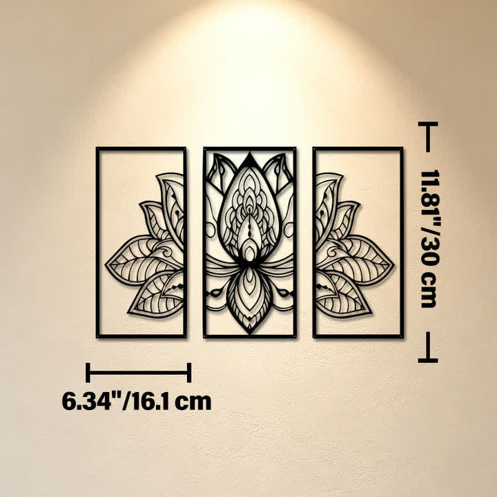 Buddha Stones Lotus Enlightenment Triptych Iron Metal Meaningful Symbols Wall Art - Approx. 16.1cm x 30cm x 0.1cm / 6.34in x 11.81in x 0.04in - image 4