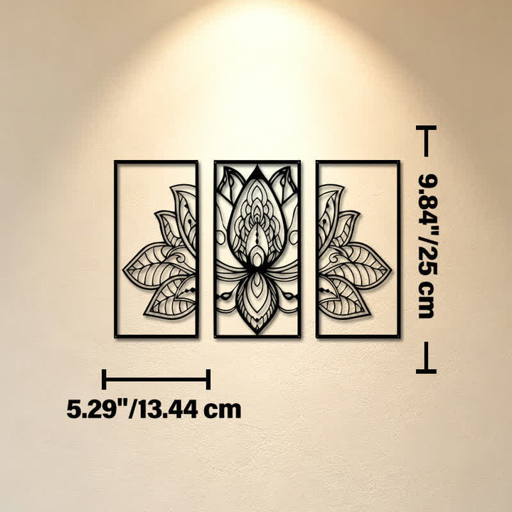 Buddha Stones Lotus Enlightenment Triptych Iron Metal Meaningful Symbols Wall Art - Approx. 13.44cm x 25cm x 0.1cm / 5.29in x 9.84in x 0.04in - image 2