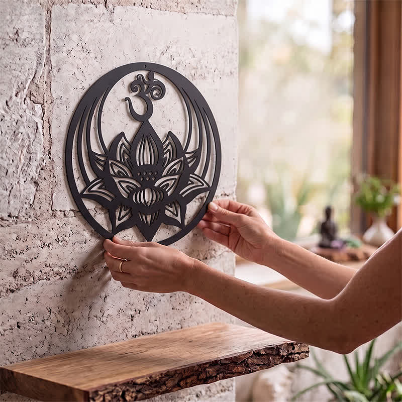 Buddha Stones Enlightenment Lotus OM Round Iron Metal Meaningful Symbols Wall Art - image 1