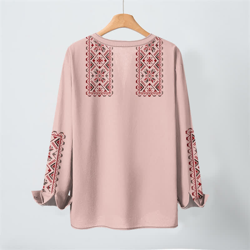 Buddha Stones Cotton Tribal Geometric Pattern V-Neck Buttons Men's Long Sleeve Shirts - image 3