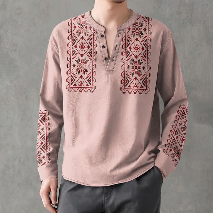 Buddha Stones Cotton Tribal Geometric Pattern V-Neck Buttons Men's Long Sleeve Shirts - LightPink - US/UK/AU48，EU58 (4XL) - image 0