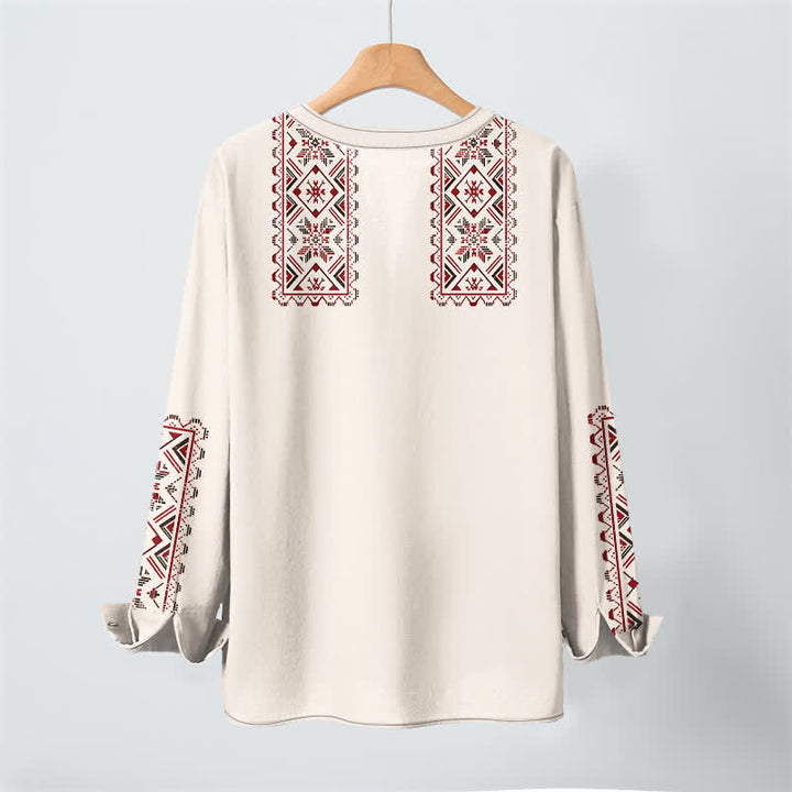 Buddha Stones Cotton Tribal Geometric Pattern V-Neck Buttons Men's Long Sleeve Shirts - image 10