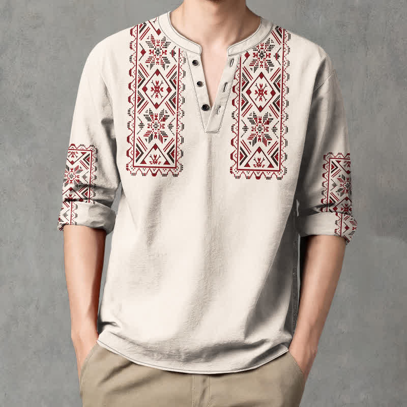 Buddha Stones Cotton Tribal Geometric Pattern V-Neck Buttons Men's Long Sleeve Shirts - image 8