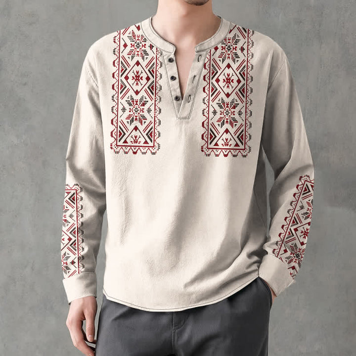 Buddha Stones Cotton Tribal Geometric Pattern V-Neck Buttons Men's Long Sleeve Shirts - Linen - US/UK/AU48，EU58 (4XL) - image 7