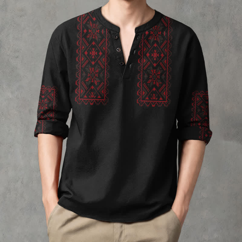 Buddha Stones Cotton Tribal Geometric Pattern V-Neck Buttons Men's Long Sleeve Shirts - image 15