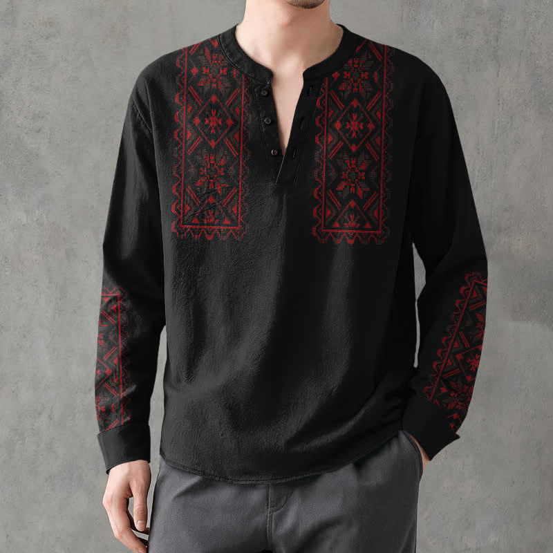 Buddha Stones Cotton Tribal Geometric Pattern V-Neck Buttons Men's Long Sleeve Shirts - Black - US/UK/AU48，EU58 (4XL) - image 14