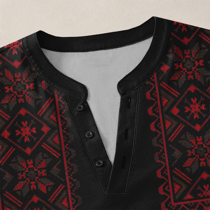Buddha Stones Cotton Tribal Geometric Pattern V-Neck Buttons Men's Long Sleeve Shirts - image 18
