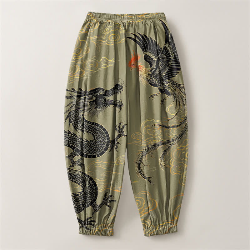 Buddha Stones Pure Cotton Dragon Phoenix Cloud Pattern Drawstring Men's Harem Pants With Pockets - image 2