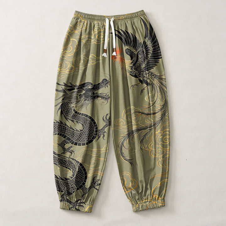 Buddha Stones Pure Cotton Dragon Phoenix Cloud Pattern Drawstring Men's Harem Pants With Pockets - image 1