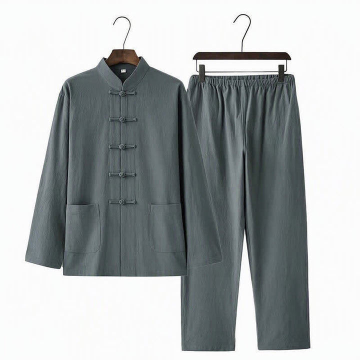 Buddha Stones 2Pcs Tang Suit Traditional Frog-Button Uniform Long Sleeve Shirt Pants Men's Set - image 6
