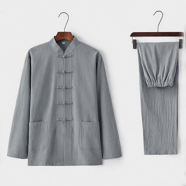 Buddha Stones 2Pcs Tang Suit Traditional Frog-Button Uniform Long Sleeve Shirt Pants Men's Set - Gainsboro - US/UK/AU44，EU54 (5XL) - image 2