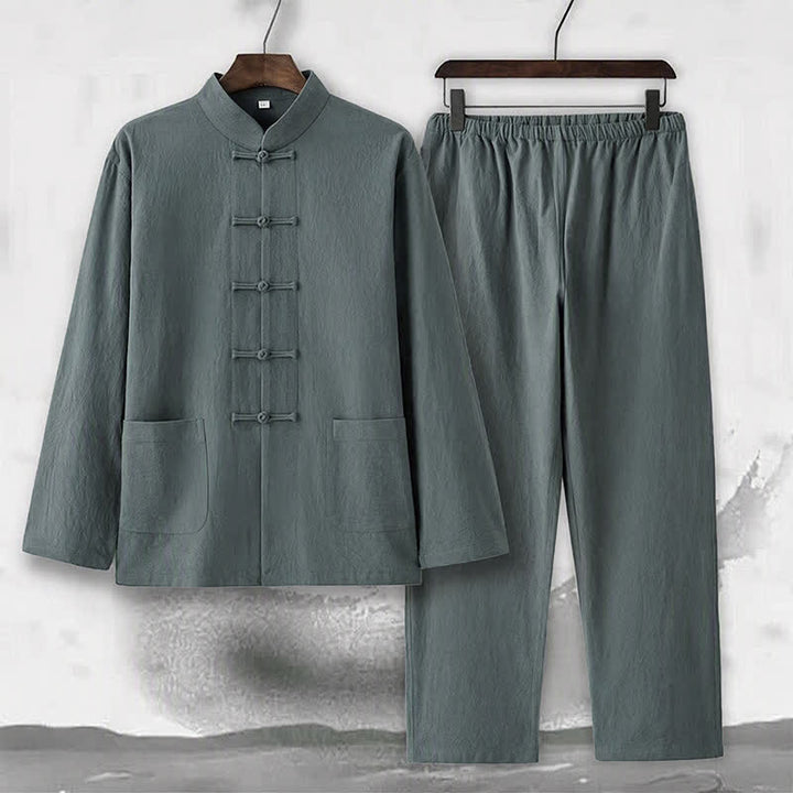 Buddha Stones 2Pcs Tang Suit Traditional Frog-Button Uniform Long Sleeve Shirt Pants Men's Set - image 5