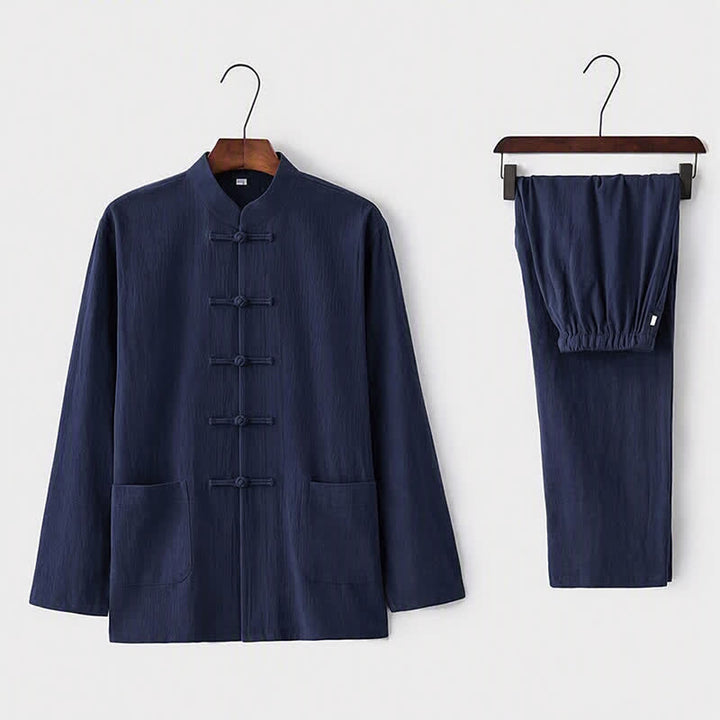 Buddha Stones 2Pcs Tang Suit Traditional Frog-Button Uniform Long Sleeve Shirt Pants Men's Set - Navy - US/UK/AU44，EU54 (5XL) - image 11