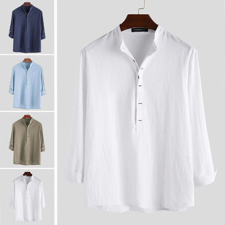 Buddha Stones Solid Color Half Buttons Long Sleeve Cotton Men's Shirts - image 1