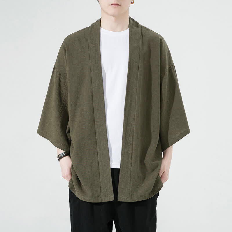 Buddha Stones Summer Casual Minimalist Solid Men's Kimonos - OliveDrab - US/UK/AU46, EU56 (5XL) - image 2
