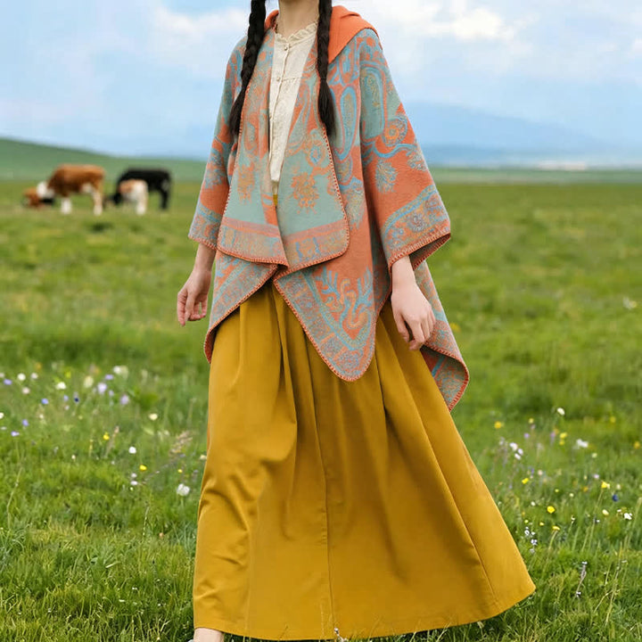 Buddha Stones Fall Winter Hooded Paisley Geometric Boho Poncho Style Shawl - image 2