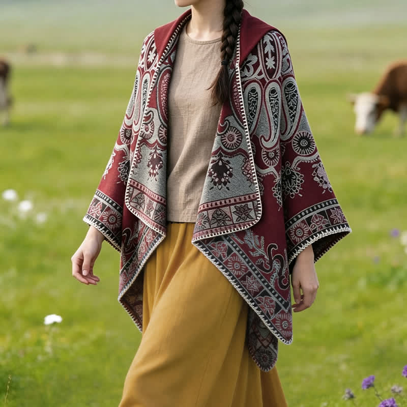 Buddha Stones Fall Winter Hooded Paisley Geometric Boho Poncho Style Shawl - image 19