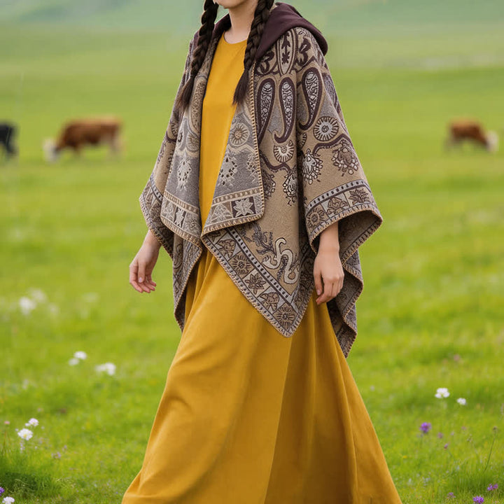 Buddha Stones Fall Winter Hooded Paisley Geometric Boho Poncho Style Shawl - image 30