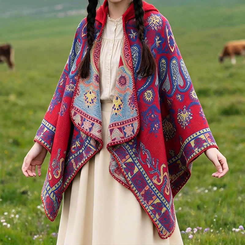 Buddha Stones Fall Winter Hooded Paisley Geometric Boho Poncho Style Shawl - image 13