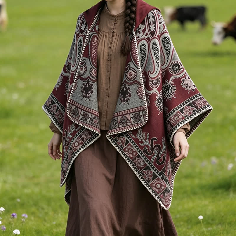 Buddha Stones Fall Winter Hooded Paisley Geometric Boho Poncho Style Shawl - image 18