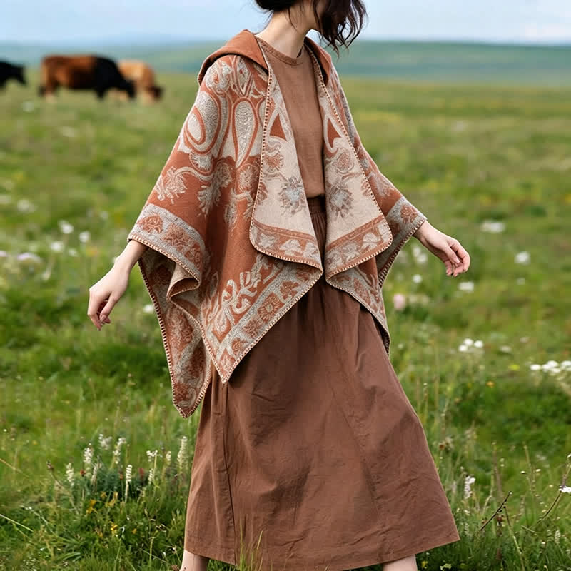 Buddha Stones Fall Winter Hooded Paisley Geometric Boho Poncho Style Shawl - image 24
