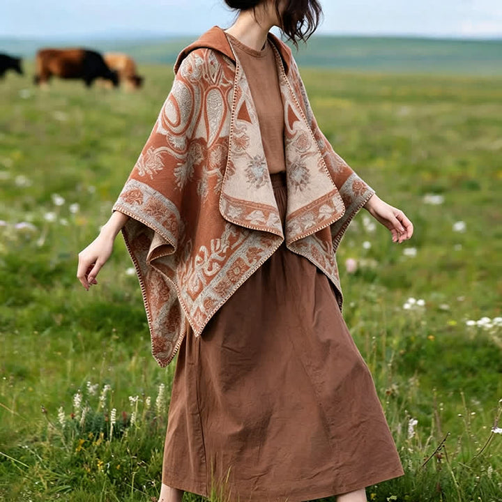 Buddha Stones Fall Winter Hooded Paisley Geometric Boho Poncho Style Shawl - image 24