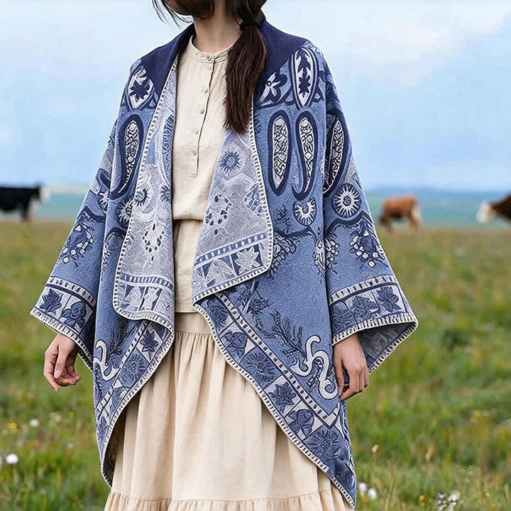 Buddha Stones Fall Winter Hooded Paisley Geometric Boho Poncho Style Shawl - CornflowerBlue - 130*150CM - image 4