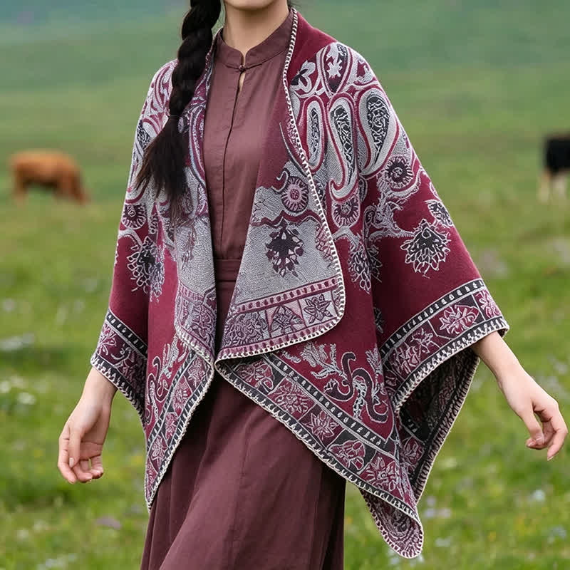 Buddha Stones Fall Winter Hooded Paisley Geometric Boho Poncho Style Shawl - Burgundy - 130*150CM - image 17