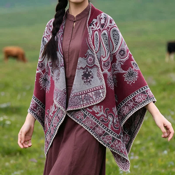 Buddha Stones Fall Winter Hooded Paisley Geometric Boho Poncho Style Shawl - Burgundy - 130*150CM - image 17