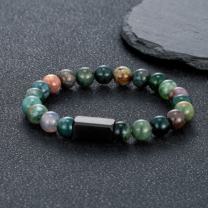 Buddha Stones Black Goldstone Stones Titanium Steel Bar Bracelet - Indian Agate(Protection ♥ Balance) - 8mm - image 2