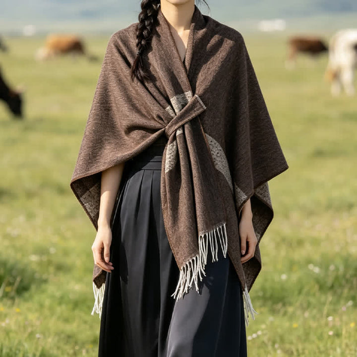 Buddha Stones Fall Winter Boho Striped Tassel Buckle Design Cozy Shawl - image 1