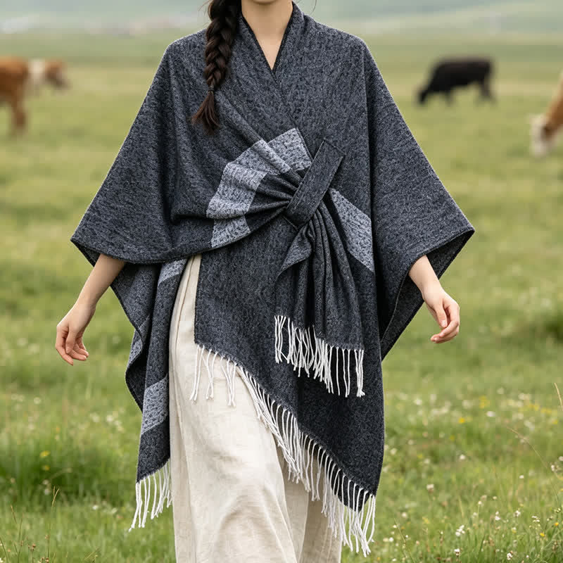 Buddha Stones Fall Winter Boho Striped Tassel Buckle Design Cozy Shawl - DimGray - 130x150cm - image 11
