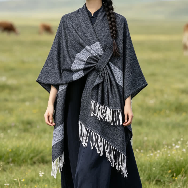 Buddha Stones Fall Winter Boho Striped Tassel Buckle Design Cozy Shawl - image 14