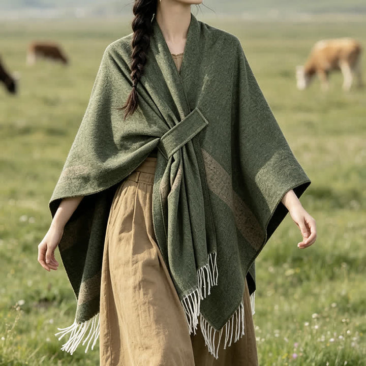 Buddha Stones Fall Winter Boho Striped Tassel Buckle Design Cozy Shawl - DarkOliveGreen - 130x150cm - image 17