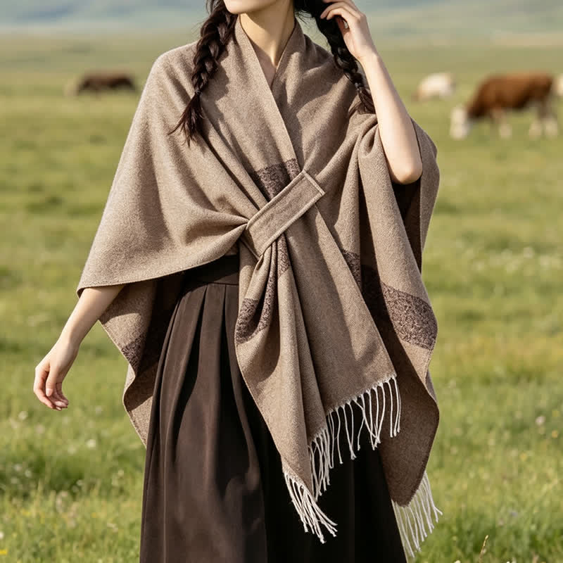 Buddha Stones Fall Winter Boho Striped Tassel Buckle Design Cozy Shawl - Tan - 130x150cm - image 29