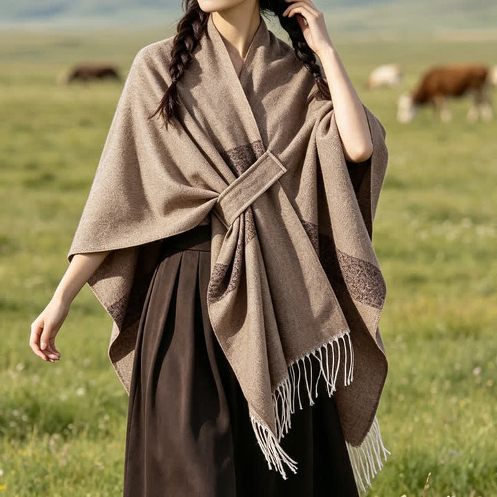 Buddha Stones Fall Winter Boho Striped Tassel Buckle Design Cozy Shawl - Tan - 130x150cm - image 29