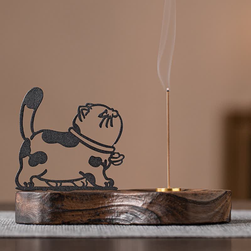 Buddha Stones Vintage Iron Cat Lamp Post Wooden Base Meditation Incense Burner - Cat Side View - image 0